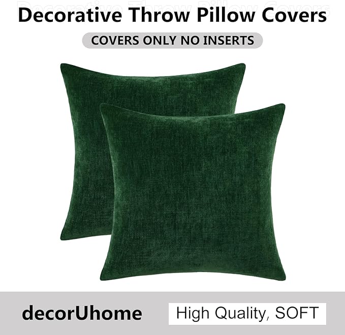 decorUhome Chenille Green Christmas Throw Pillow Covers 20x20 Inch Set of 2, Decorative Soft Couch Pillow Covers Solid Dyed Accent Farmhouse Neutral Square Pillow Cases for Sofa