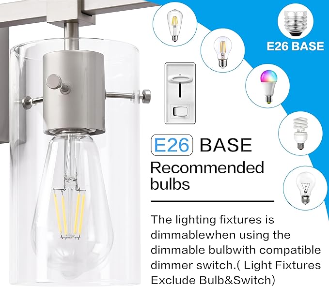 SOLFART 4 Light Bathroom Vanity Lights Bathroom Lights Over Mirror Vintage Bath Lighting Brushed Nickel Wall Sconce with Glass Shade