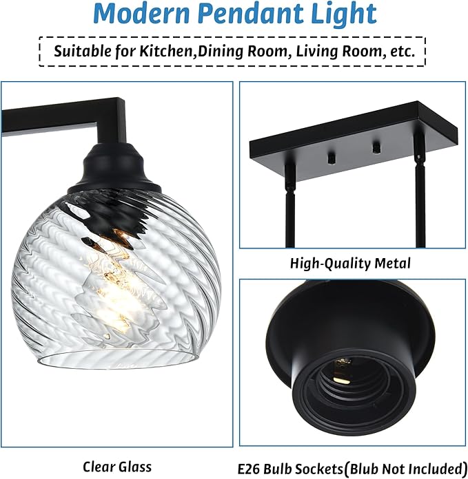 3 Light Contemporary Pendant Lights Kitchen Island with Clear Striped Swirl Globe Glass, Black Hanging Ceiling Light Linear Chandeliers for Dining Room Kitchen Living Room