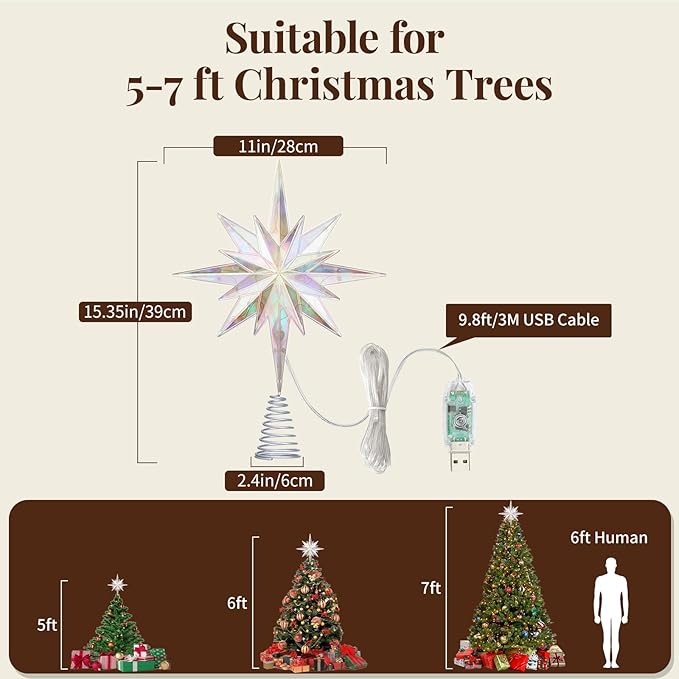 Lewondr Christmas Star Tree Topper, 15.35'' Christmas Tree Topper with 20 LED Bulbs, Remote and USB Operated Bethlehem Polaris Treetop for Home Decor, 6 Hrs Timer and 8 Modes Xmas Decor, Warm Light