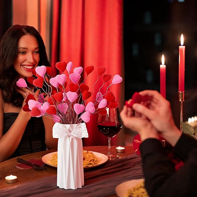 12pcs Valentine's Day Decoration Heart Shaped Artificial Berry Stems Valentines Picks Flower Bouquets Flocked Pink Red Decor for Valentine's Day Home Vase Table Centerpiece Tree Topper