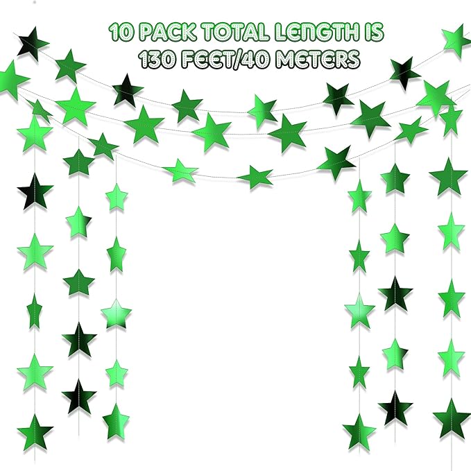 Patelai Glitter Star Garland Banner 2026 New Years Decor 130 Feet Star Hanging Banner Twinkle Backdrop for Birthday Classroom Wedding Christmas Party Supplies(Green)
