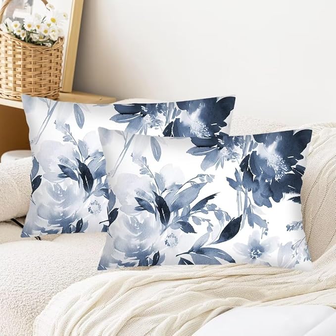 Florals Throw Pillow Cover Queen Size Set of 2 Navy Watercolor Flowers Pillowcases Boho Floral Lumbar Pillow Case Soft Standard Pillow Cases with Zipper Decorative Cushion Covers,20"x30",Blue White