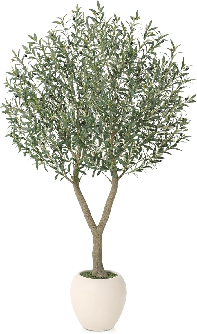 Olive Trees Artificial Indoor,7Ft Large Faux Plants,Tall Fake Tree with 15in White Round Planter,Full & Lush Faux Olive Tree for Home Decor Living Room, Office or Bedroom,Housewarming