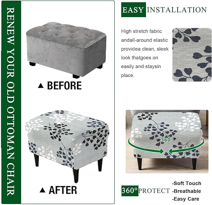 CRFATOP Ottoman Chair Cover Large Ottoman Chair Slipcovers Printed Rectangle Storage Stool Cover Stretch Footstool Footrest Furniture Protector for Bar Counter Living Room,C15