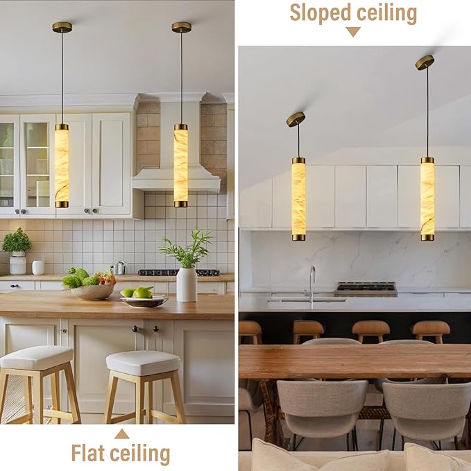 20" Alabaster Pendant Lights, 2PCS Natural Marble Cylinder Brass Pendant Light, Adjustable Modern Ceiling Light Fixtures for Kitchen Island, Dining Room, Bedroom, Living Room, Bathroom