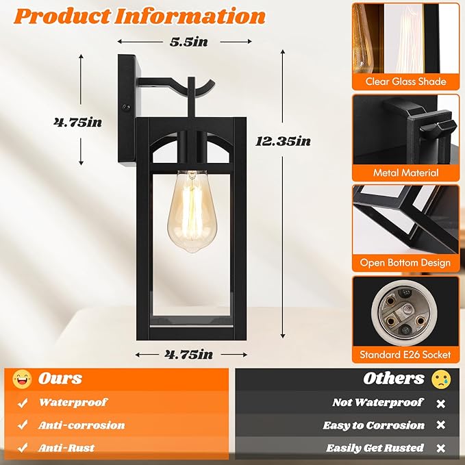 Outdoor Wall Lanterns, Exterior Waterproof Matte Black Wall Light Fixtures, Sconces Lighting with Clear Glass Shade, Anti-Rust E26 Socket Lights for Porch Entryway Patio, 2 Pack