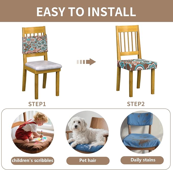 Stretch Dining Chair Seat Covers Set of 6,Dining Chair Slipcovers, Floral Printed Chair Covers,Soft Fabric Washable Upholstered Chair Seat Protector, No Rear Covers for Home Kitchen Dining Room