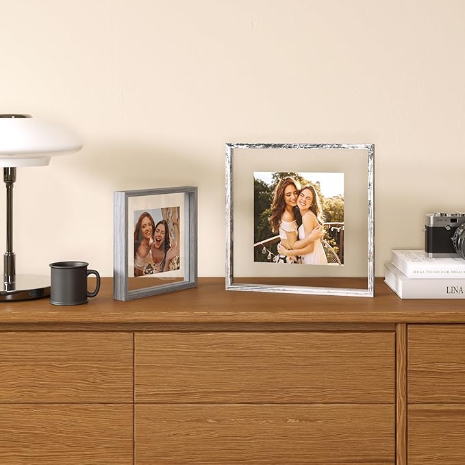 Egofine Distressed White 8x10 Floating Frames Set of 2, Double Plexiglass Picture Frame, Made of Solid Wood Display Any Size Photo up to 8x10, Wall Mount or Tabletop Standing