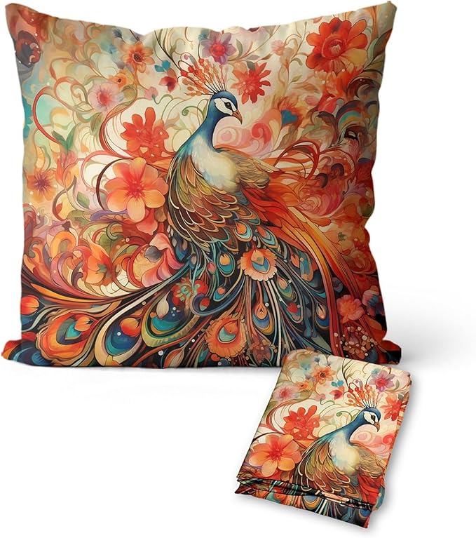 Peacock Throw Pillow Covers 18x18 Inch Coquette Bird Animal Throw Pillow Covers for Couch Boho Floral Pillowcases Vintage Chinoiserie Colorful Flowers Farmhouse Sofa Cushion Cover Set of 2