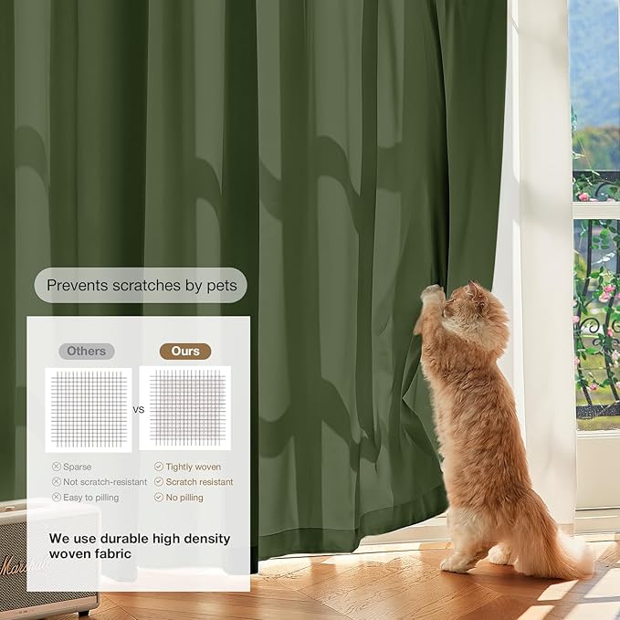 Anmao Non-See-Through Olive Green Privacy Semi Sheer Curtains for Living Room 72 Inch Length 2 Panels Set, Light Filtering That Let Light in Rod Pocket Window Drapes for Bedroom, 52W x 72L, Dark Green