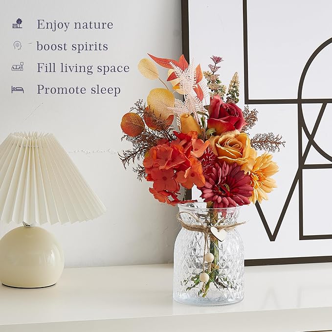 Fake Flowers with Vase Combo Orange Flowers Mix Silk Artificial Flower Gerbera, Fake Plastic Flower Bulk Decoration, Faux flower for DIY Wedding Bridal Bouquets, Floral Arrangement, Table Centerpieces