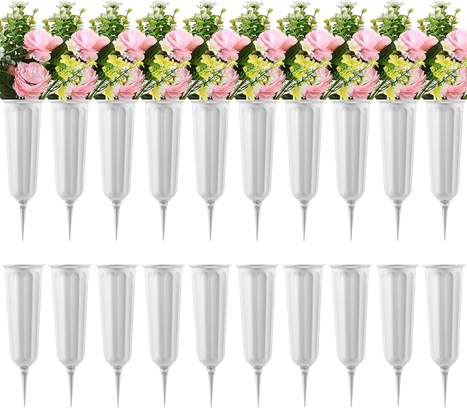 20 Pack Cemetery Vases with Spikes,Plastic Vases for Flowers,Grave Decorations for Cemetery,Grave Flower Holder,Memorial Floral Vase(White)