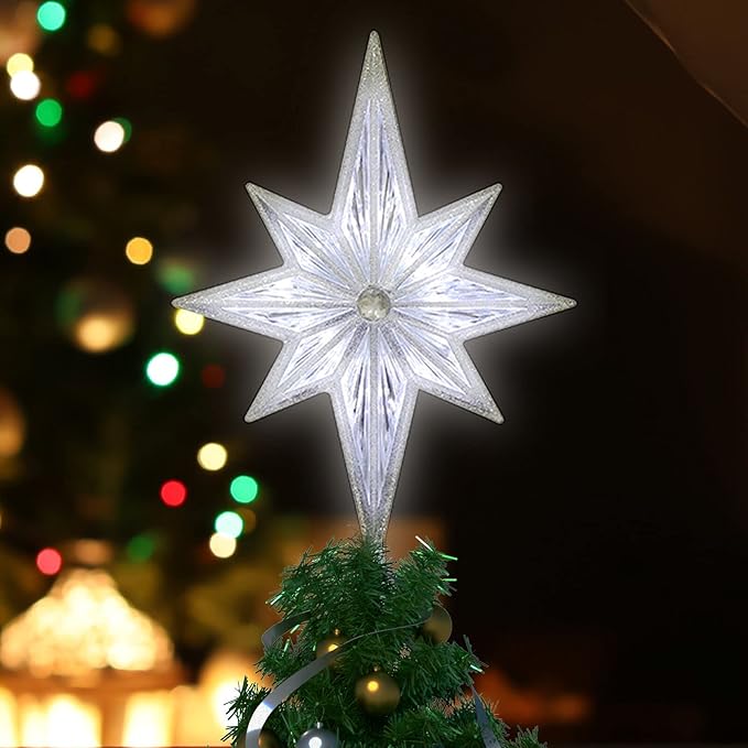 LAMPHOME 11" 16LED Tree Topper, Bethlehem Star White Christmas Star Lights Plastic Lighted Star Tree Topper Decoration