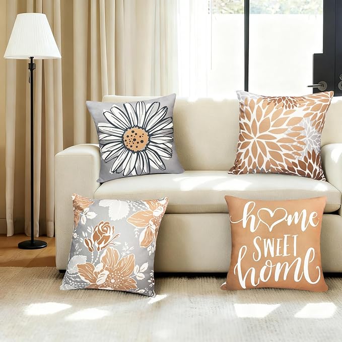 Decorative Throw Pillow Covers Set of 4 Coffee Pillow Covers 18x18 inch Fall Throw Pillow Cover Linen Square Pillowcases Cushion Cover,Boho Pillow Covers for Couch Sofa Farmhouse Home