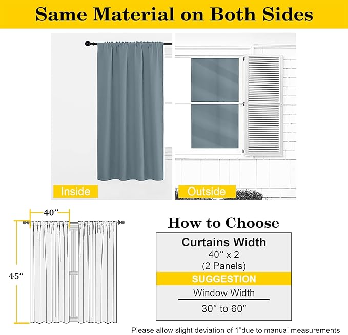 Stone Blue Room Darkening Curtains for Bedroom Living Room 45 Inch Length 2 Panels Set, Soft Solid Thermal Insulated Rod Pocket Short Curtains Drapes, Stone Blue, 2PCS Each 40" Wx45 L