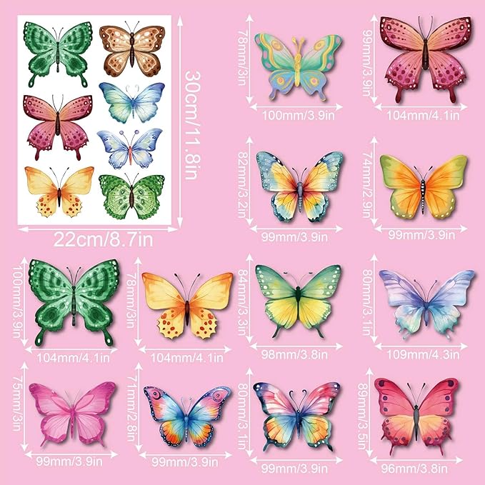 Large Butterfly Wall Decals 8 Sheets 62PCS Watercolor Wall Stickers Removable Peel & Stick for Kids Room Nursery Wall Art Girls Room Bedroom Décor