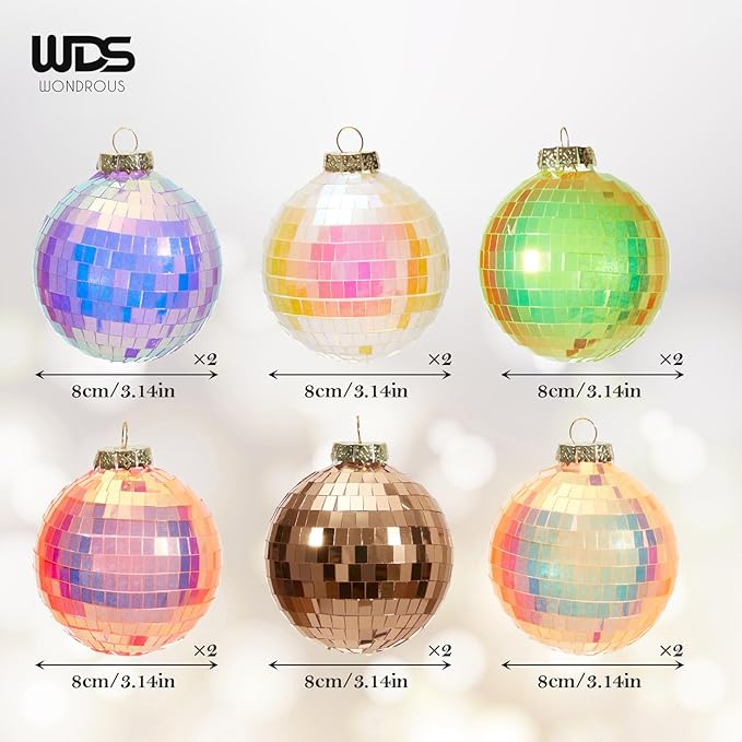 WDS WONDROUS Christmas Disco Ball Ornaments Set of 12 – 3.14” Colorful Xmas Tree Decorations with Iridescent Laser Effect, Glass Christmas Ornaments for Indoor Party Decor Holiday