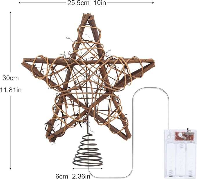 LAWOHO Christmas Tree Topper Star, 10-inch Rustic Brown Rattan Natural with 10 Warm White Lights Three Functions with Timer, Seasonal Decoration for Festive Christmas Home Indoor Ornament