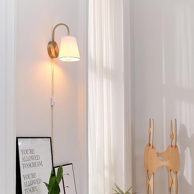 GLOBE Electric 65000053 1-Light Hardwire or Plug-in Wall Sconce, Matte Brass, White Textured Shade, Arched Arm, Lighting, Home Decor, Lights for Bedroom Plug in