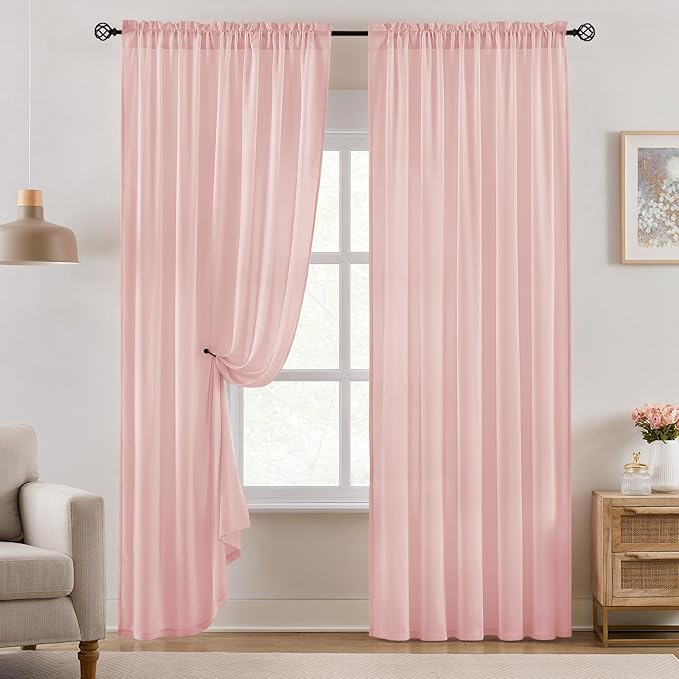 HOMEIDEAS Non-See-Through Pink Privacy Semi Sheer Curtains 96 Inches Long 2 Panels Set Light Filtering Curtains for Living Room Bedroom Drapes,W52xL96