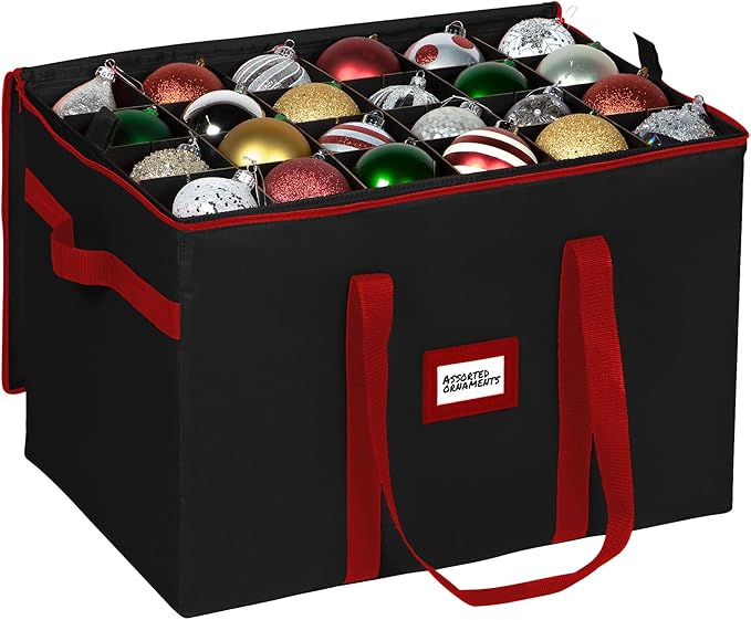 Christmas Ornament Storage Container,Box Stores Up to 96-4 inch ornaments, Adjustable Dividers, Large Organizer Bin to Protect and Store Holiday Décor - Black