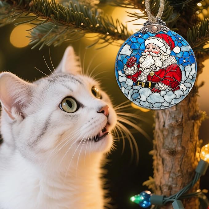 Stained Glass Christmas Decorations, Santa Claus in The Clouds Suncatcher for Window Christmas Tree Hanging Ornaments White Sun Catcher Xmas Decor Gifts for Women Men Mom Nana Friend