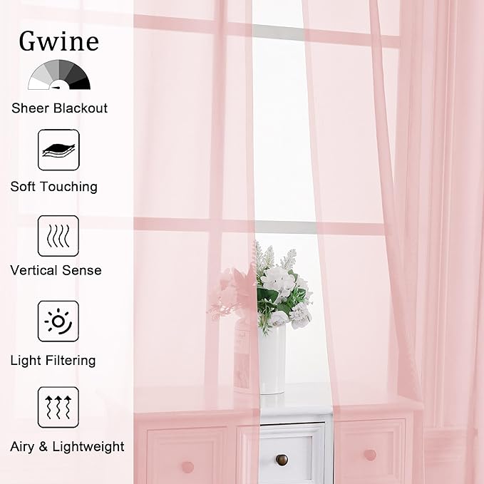 Gwine Blush Pink Sheer Curtains for Bedroom 54 inches Long 2 Panels, Light Filtering Voile Rod Pocket Curtains, Airy Transparent Sheer Drapes for Living Room, Each 42" Wx54 L