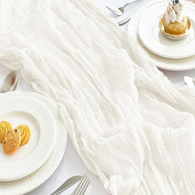 IVAPUPU 2 Pcs Cheesecloth Table Runner - 10ft Ivory White Boho Gauze Cheese Cloth Table Runners for Baby Shower Decoration Wedding Party Summer Garden Farmhouse Decor