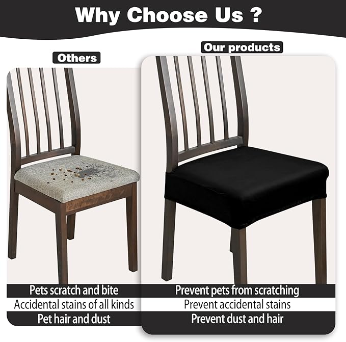 Dining Chair Seat Covers Set of 4, Stretch Velvet Chair Seat Slipcovers Protector, Removable Washable Kitchen Chair Covers for Dining Room Chairs (Set of 4, Black)