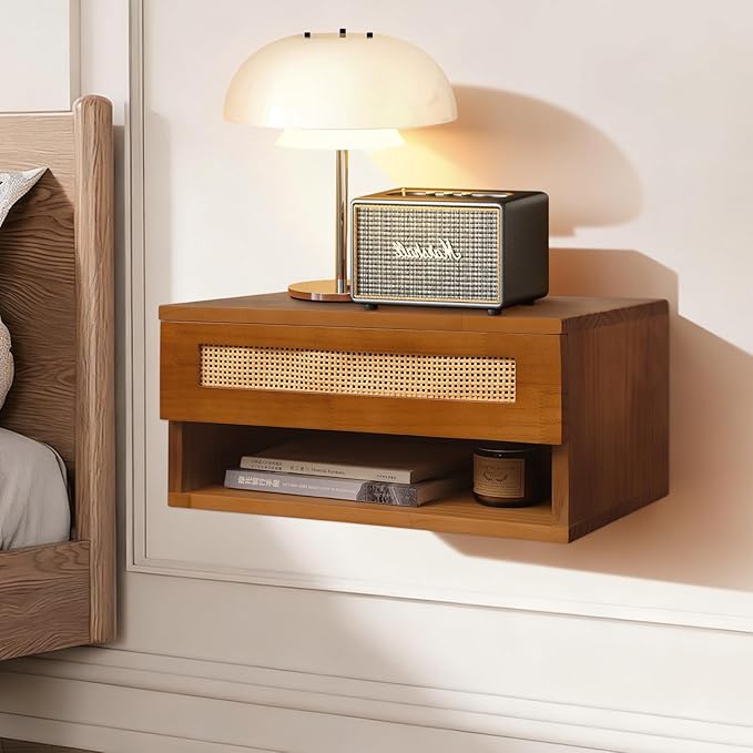Floating Nightstand, Wall Mounted Rattan Bedside Bedroom Nightstand, with Storage Drawer and Modern Open Shelf Cubby, Minimalist and Unique Style 16”x 10”x 8” Brown