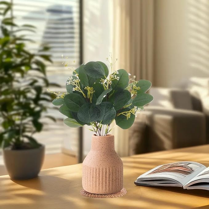 Artificial Eucalyptus Greenery Stems in Ceramic Vase 10Pcs Fake Plants Eucalyptus Leaves for Centerpiece Table Decorations Home Room Decor Office Desk Decor Greenery Decor Indoor (Beige)