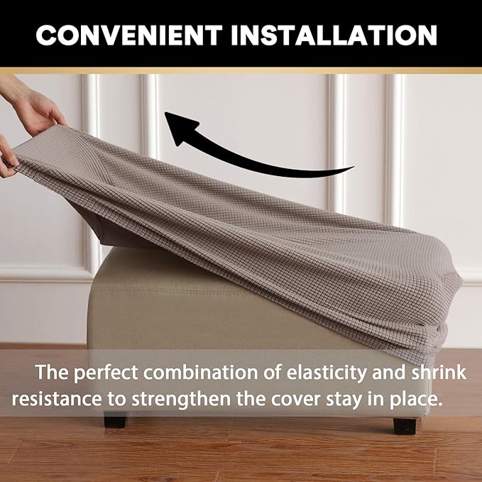 Stretch Ottoman Cover Ottoman Slipcovers Rectangle for Living Room Foot Stool Stretch Covers to Fit Ottoman Foot Rest, Thick Checked Jacquard Fabric with Elastic Bottom (Standard Size, Taupe)