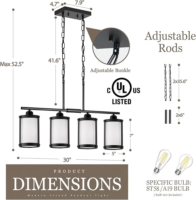 4-Light Kitchen Island Lighting, Black Linear Dining Room Light Fixtures with Frosted Glass and Chain, Modern Farmhouse Chandelier Pendant Light for Kitchen Island Dining Room, OS-3014-4ISBKW