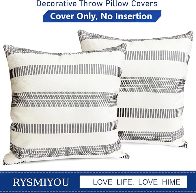 Decorative Throw Pillow Covers Set of 2 Light Gray Boho Striped Pillow Covers 18x18 Inch Throw Pillow Cover Linen Pillowcase Farmhouse Outdoor Pillow Covers for Couch Sofa Bed Living Room