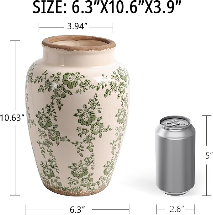 10” Retro Crackle Glaze Ceramic Vase Rustic Green Vases Decorative Vases Farmhouse Home Decor Vase Chinoiserie Vintage Flower Vases