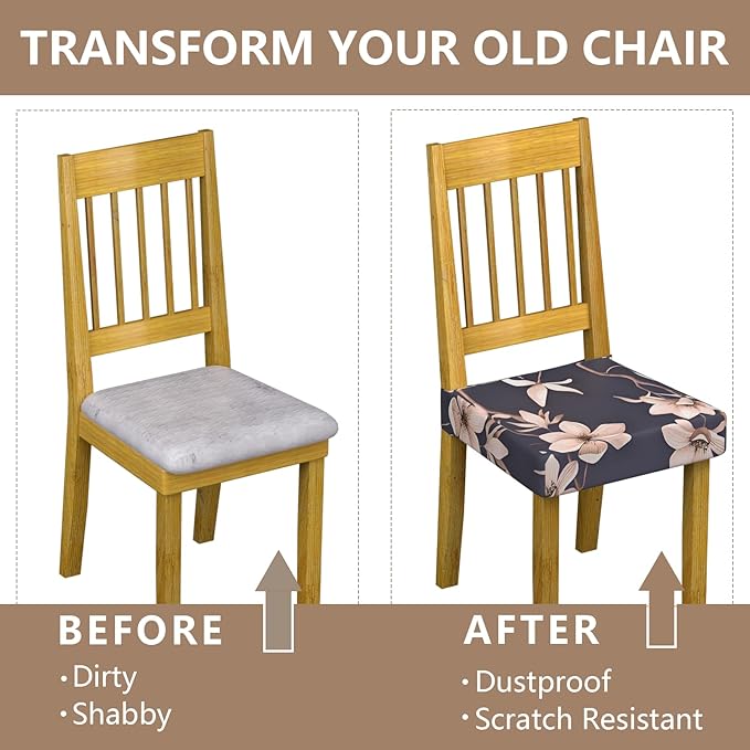 Stretch Dining Chair Seat Covers Set of 6,Dining Chair Slipcovers, Floral Printed Chair Covers,Soft Fabric Washable Upholstered Chair Seat Protector, No Rear Covers for Home Kitchen Dining Room