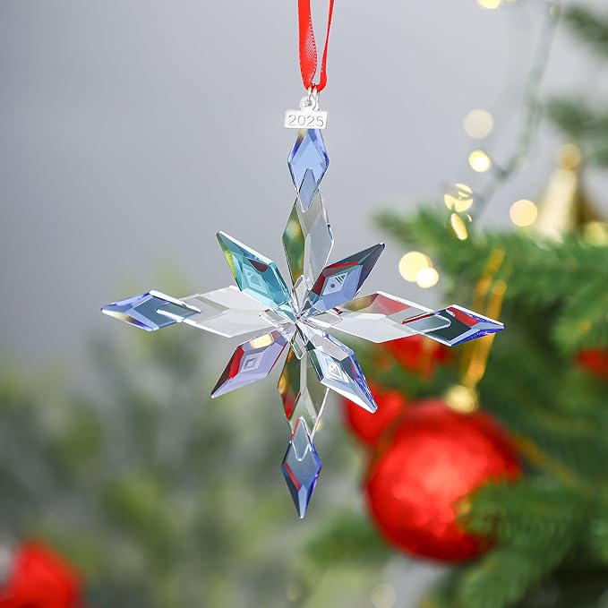 2025 Crystal Snowflake Ornaments Glass Christmas Star for Tree Window Hanging with Bead Chains and Ribbons
