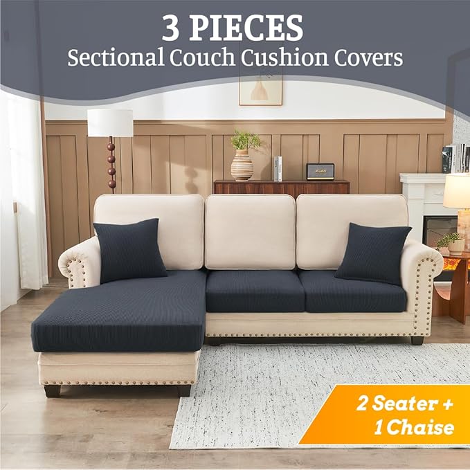 Sectional Couch Covers for Sofa Cushion L Shaped Couch Cover Washable Soft Couch Cushion Covers Stretch Sofa Slipcovers with 2 Pcs Pillowcases(3-Piece 2 Seater + 1 Chaise, Dark Grey)