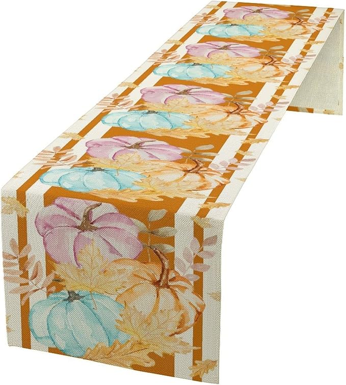 Watercolor Pumpkin Table Runner Rustic Farmhouse Autumn Plants Colorful Leaves Pastoral Harvest Theme Home Decor for Farmhouse Indoor Outdoor Party Holiday Dining Kitchen Restaurant Cafe W13xL72in