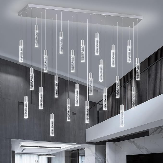 24-Lights Modern Crystal Chandeliers LED Pendant Light for Kitchen Island Dining Room Entrance Foyer Living Room Silver