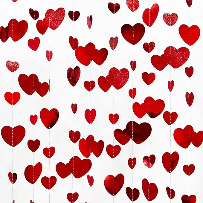 52Ft Valentines Day Party Decorations Red Heart Garland Metallic Glitter Hanging Heart Streamer Banner for Anniversary Mother's Day Engagement Wedding Bridal Shower Bachelorette Hen Party Supplies