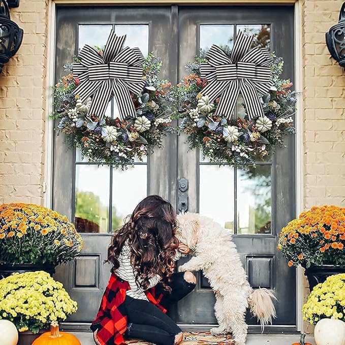 2 Pack Black White Stripe Halloween Fall Bows for Wreaths,12”x9.4”Black and White Christmas Decorations Bow for Gift Wrapping Tree Topper Wedding Holiday Birthday Party Wall Home Front Door
