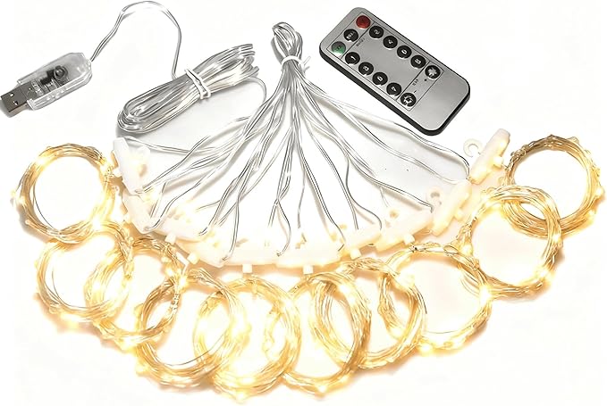 Warm White LED Fairy Curtain Lights, 300 LEDs with Remote Control - 8 Modes Dimmable, USB Plug-in String Lights for Bedroom Wedding Christmas Party Indoor Decor