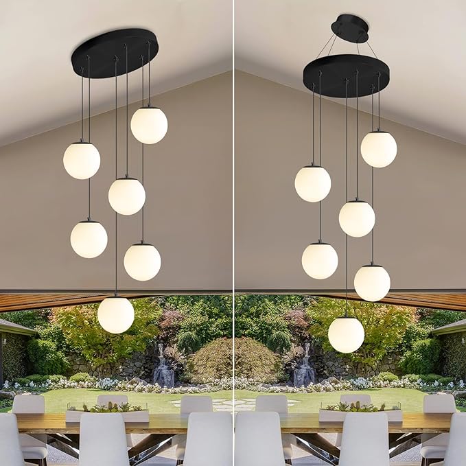 6-Light Black Chandelier with White Globe Glass Dimmable Ceiling Light Glass Pendant Light for Kitchen Island, Dining Room, Living Room, Entry Hallway, LED Bulbs Included
