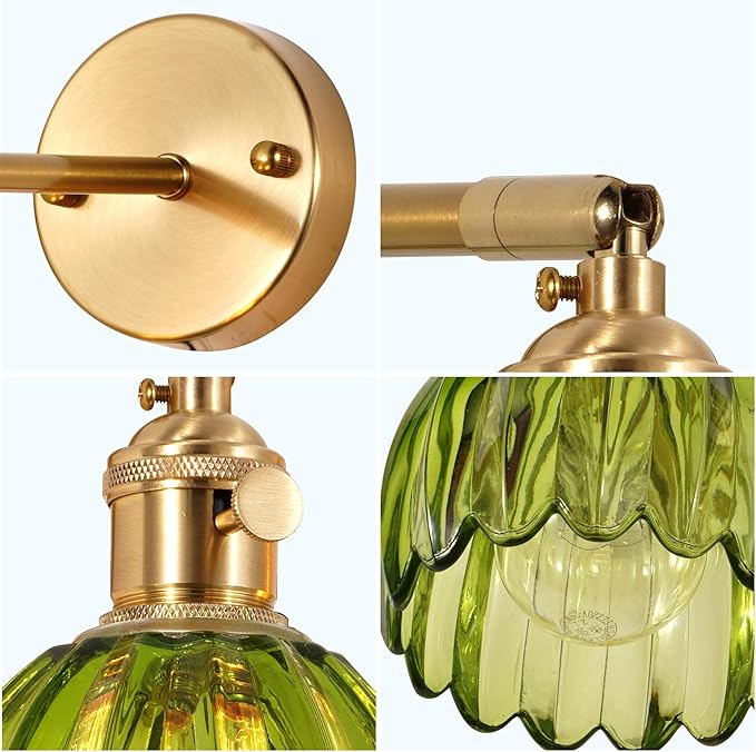 Fandian Vintage Wall Sconces Set of Two,Hardwired Wall Lights with Green Tulip Glass Lampshade,Gold Wall Lamps for Bedroom Bedside Stairway Bathroom Living Room