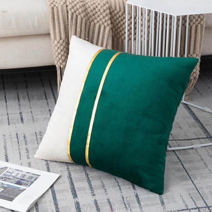 ZLINA Set of 2 Velvet Decorative Throw Pillow Covers Dark Green White Patchwork with Gold Leather Pillow Covers 24 × 24 Inch Cushion Covers Decor Living Room Sofa Bedroom Car