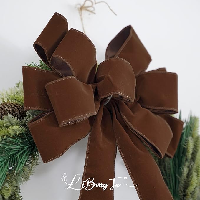 13" Brown Velvet Christmas Tree Topper Bow, Premade, 13" x 20"
