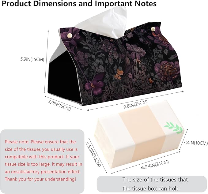 Black Floral Leather Tissue Box Cover Rectangle,Wildflower Toilet Paper Box Holder,Cottagecore Decorative Facial Paper Case for Farmhouse Living Room Bathroom Kitchen Office Desk,9.8x5.9x5.9