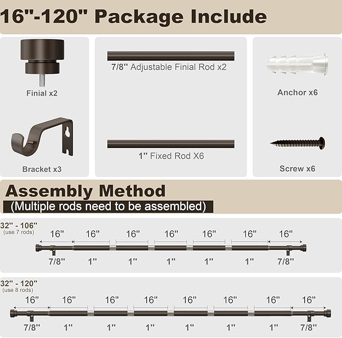 PORTRES Brown Heavy Duty Curtain Rods for Windows 66 to 120 Inches Adjustable Length 1" Diameter Curtain Rod with Modern Decorative Finials for Outdoor Farmhouse Bedroom Kitchen Living Room